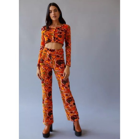 Urban Outfitters NGOrder Groovy Heart Print Velour Pant XS - Picture 2 of 9
